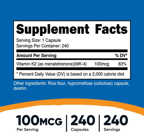 Nutricost Vitamina K2 (MK4) 240 Cápsulas, Sin Gluten, No GMO