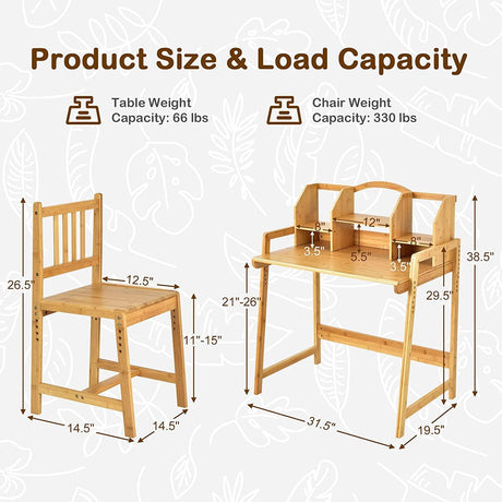 Juego de escritorio y silla para niños de altura de bambú