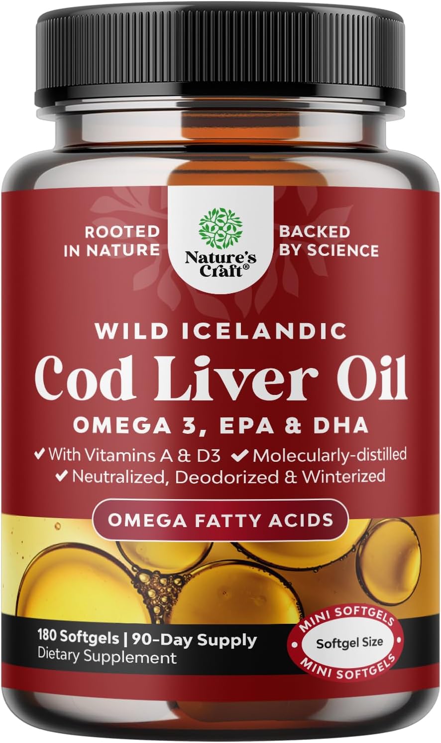 Aceite de Hígado de Bacalao Islandés, 1000mg, Omega 3, D3 & A