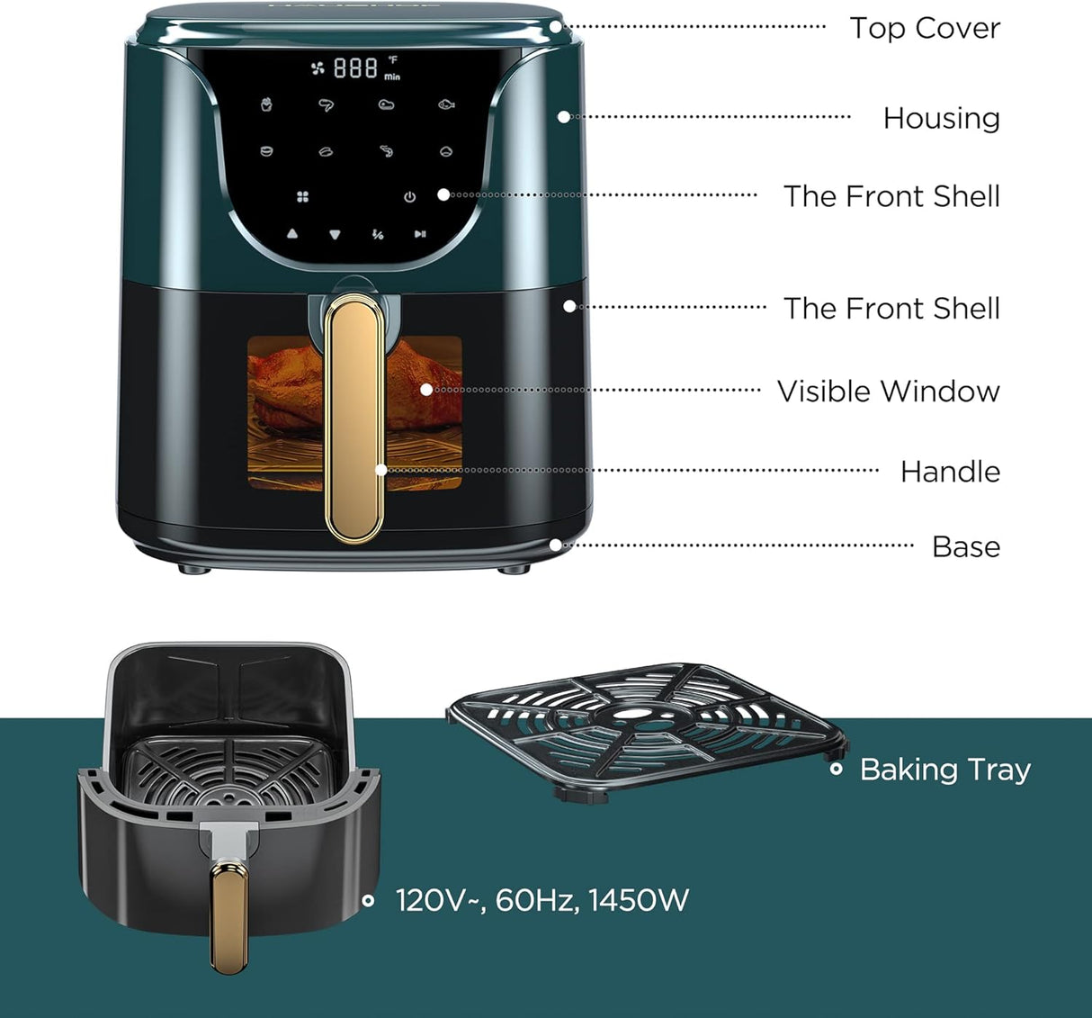 Freidora de Aire HAUSHOF 5.8 QT, 1450 W, 8 Funciones, Digital