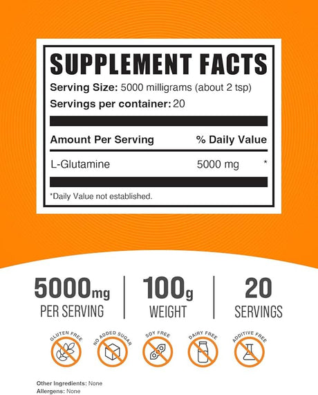L-Glutamina en polvo BulkSupplements, 5000mg, 100g, sin sabor