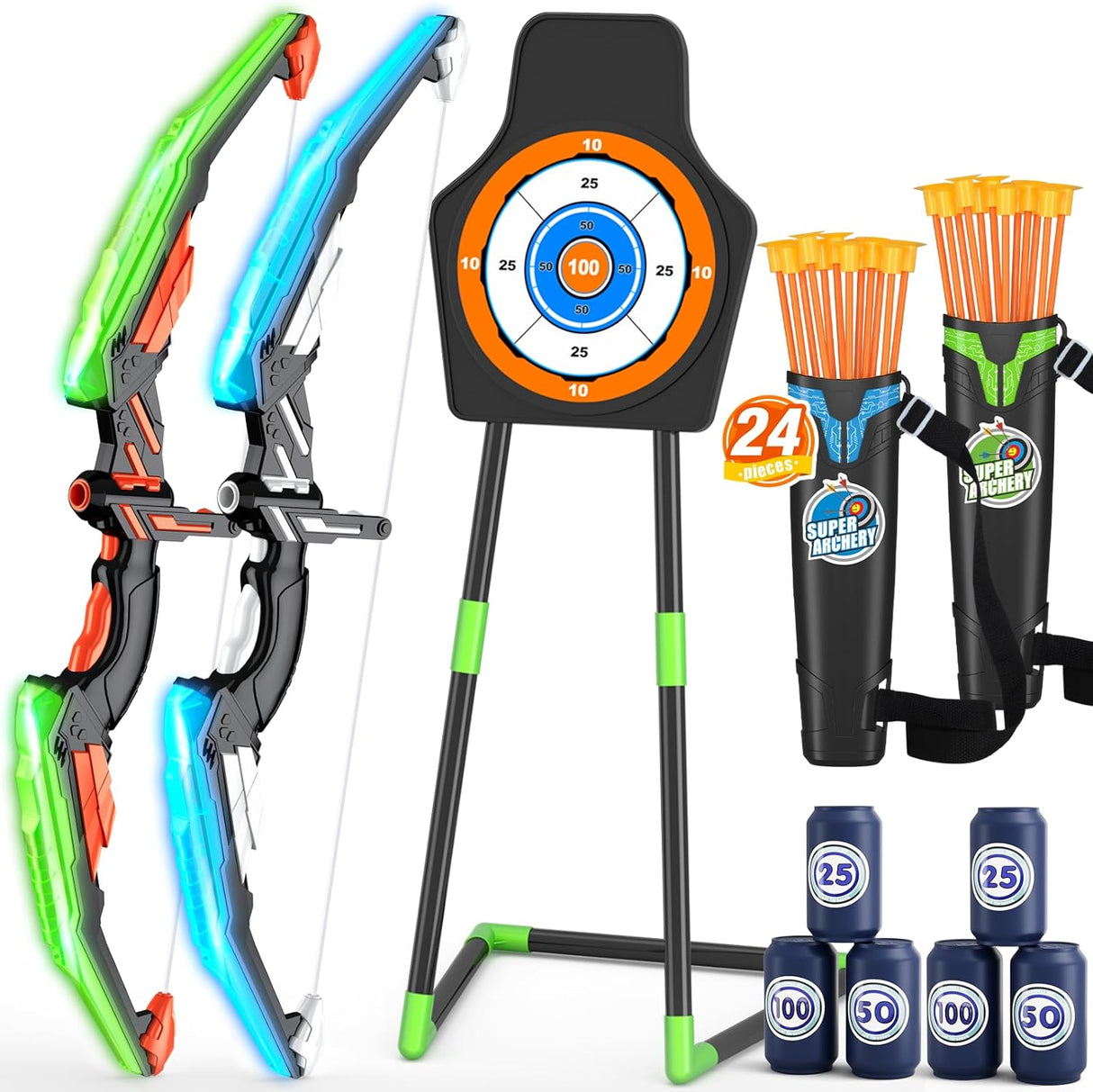 Juego de Arcos y Flechas LED para Niños, 24 Flechas, 2 Carcaj