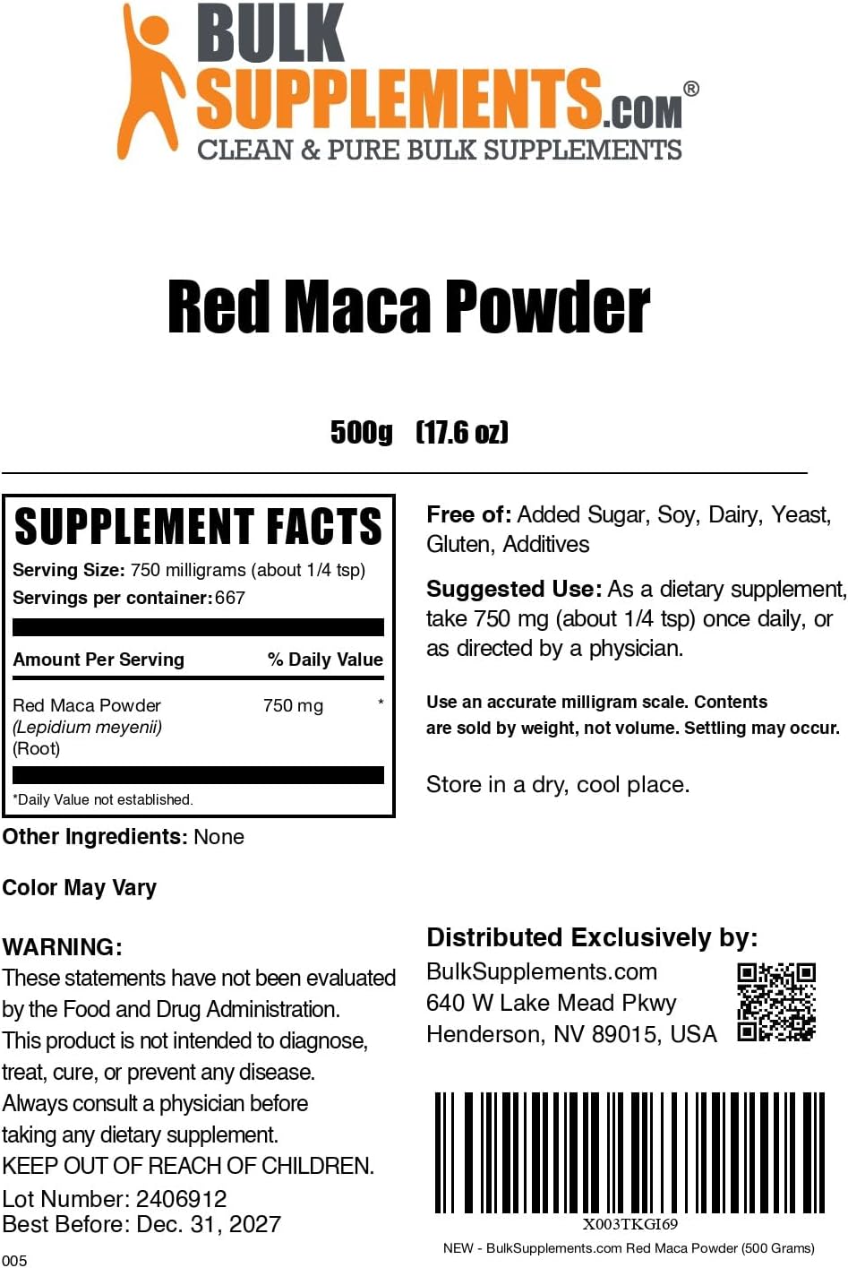 Polvo de Maca Roja BulkSupplements, Vegan, 750mg, 500g