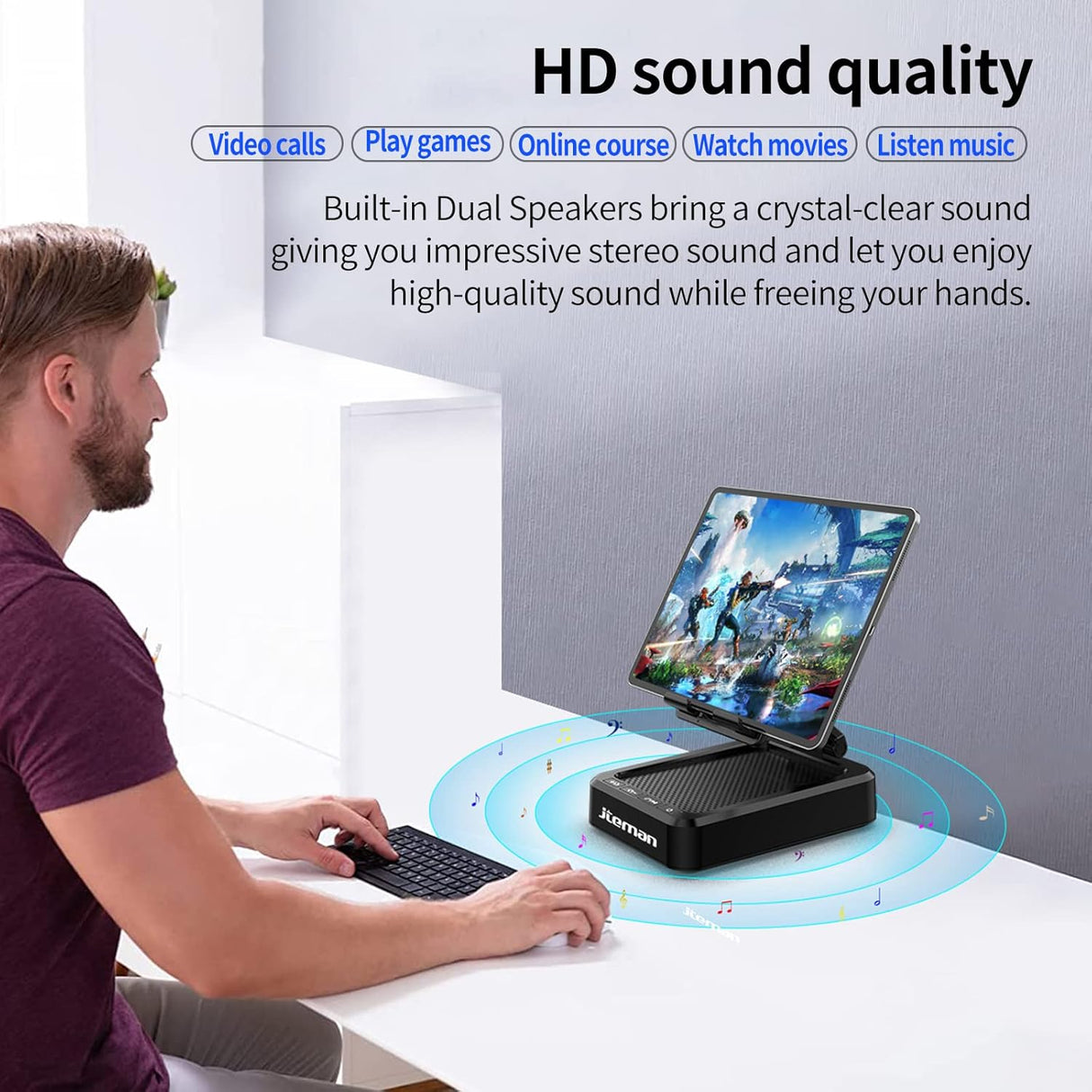 Soporte para tablet ajustable con altavoces Bluetooth