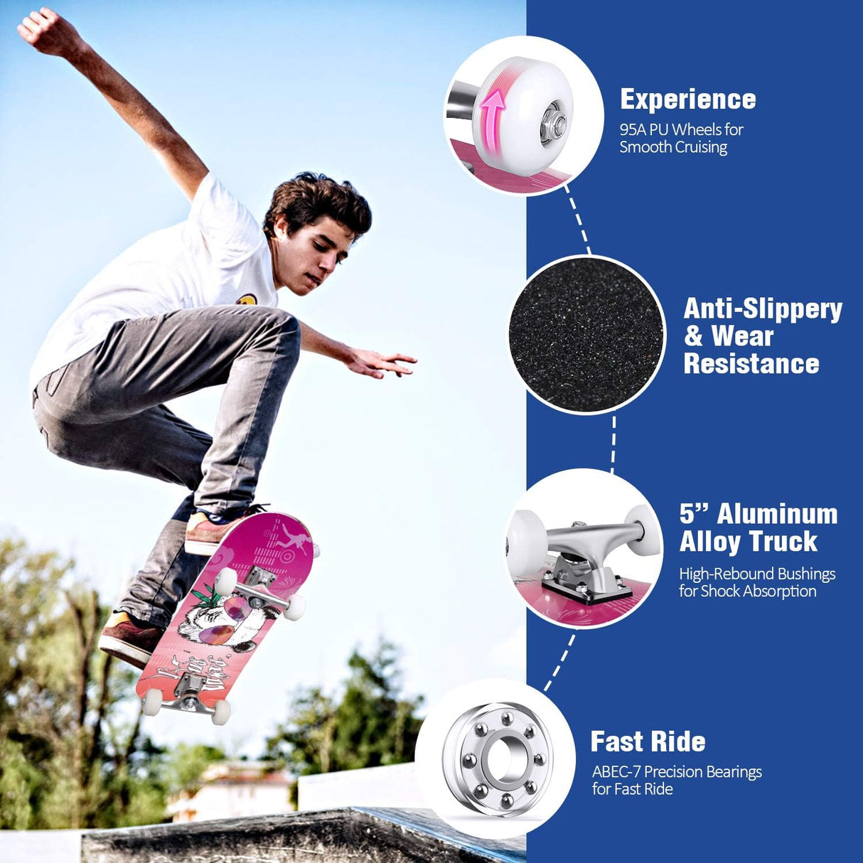 Patineta Completa para Principiantes, 31 x 8 pulgadas, Deck Doble Kick