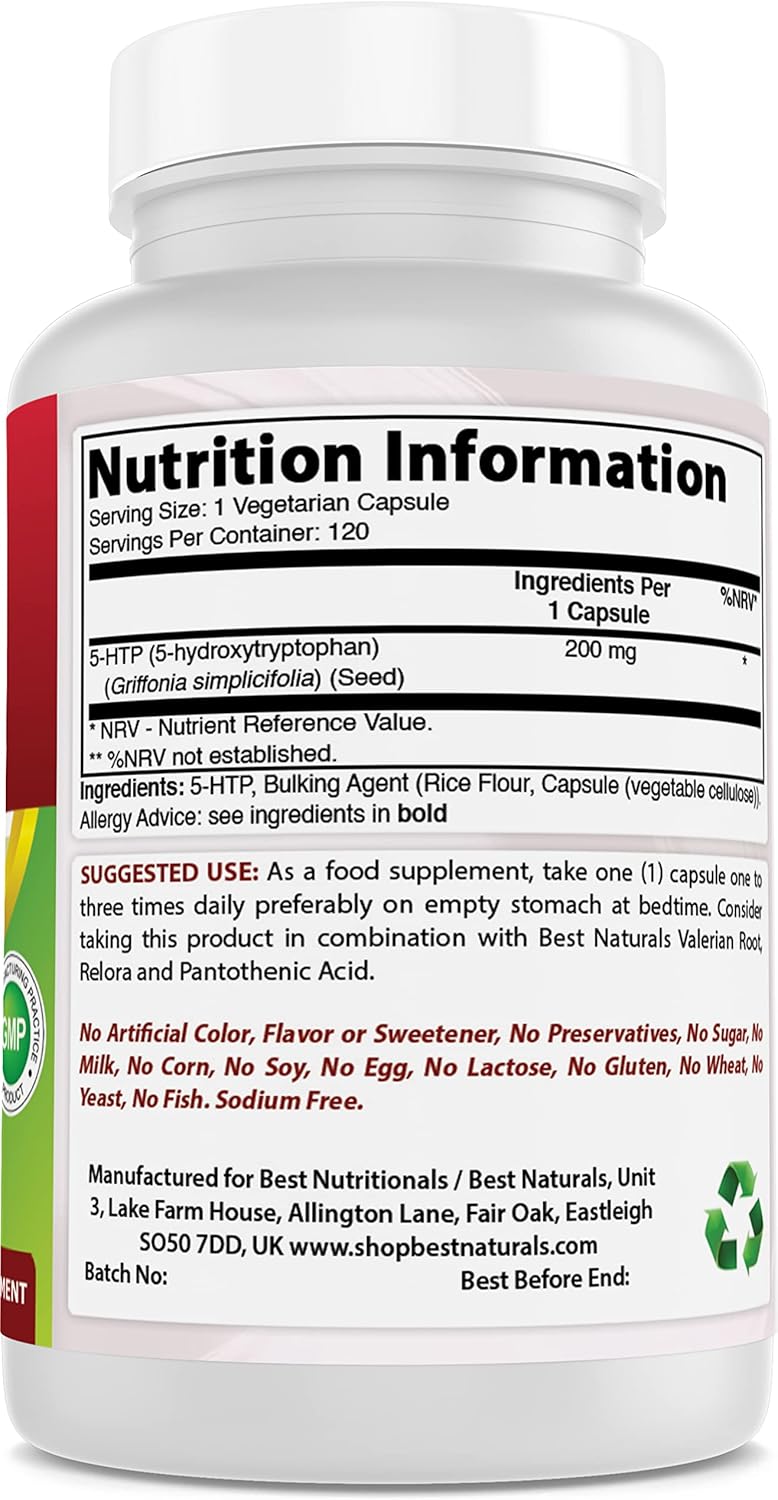 Suplemento 5-HTP 200 mg Best Naturals, 120 Cápsulas Veganas