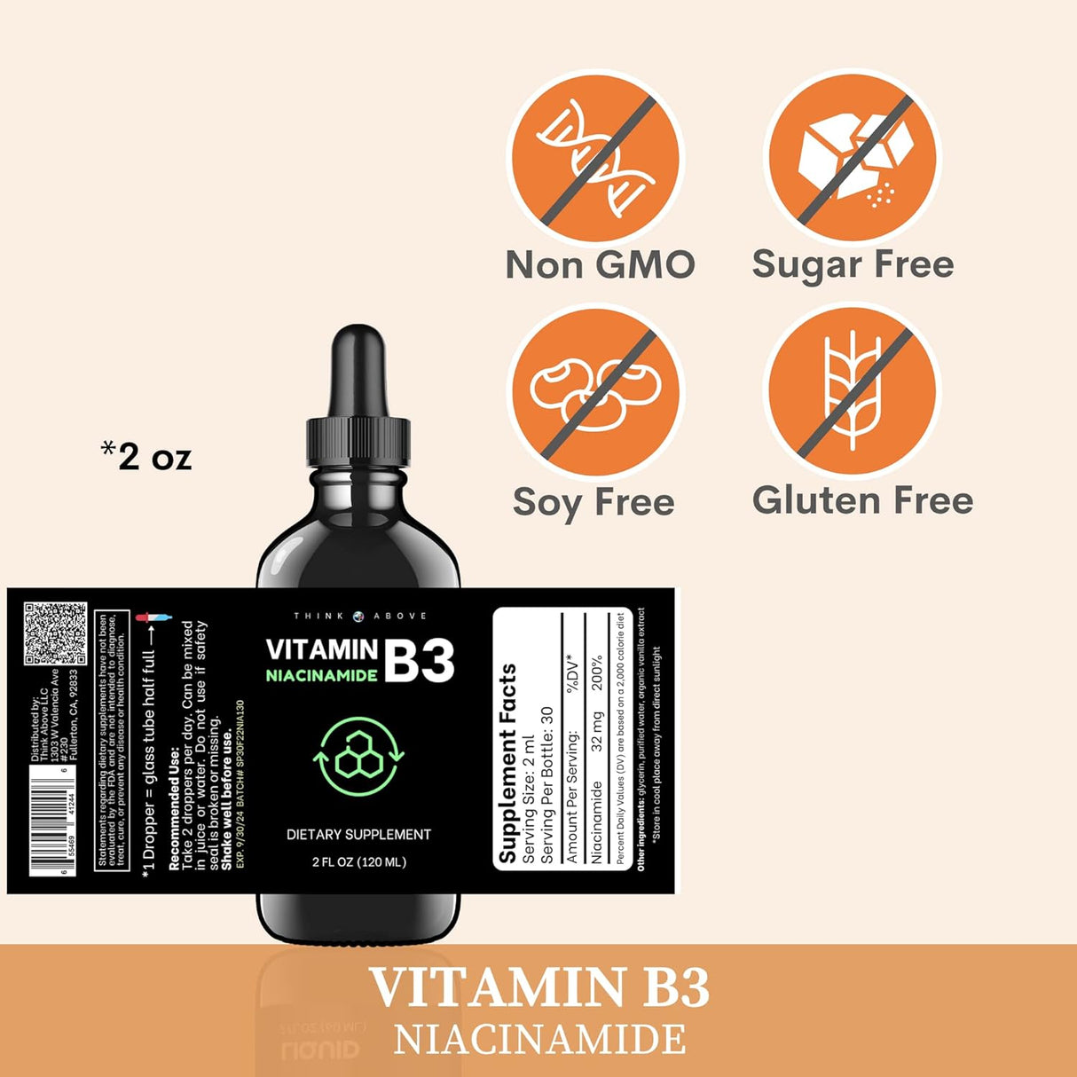 Suplemento líquido de vitamina B3  como niacinamida 120ml
