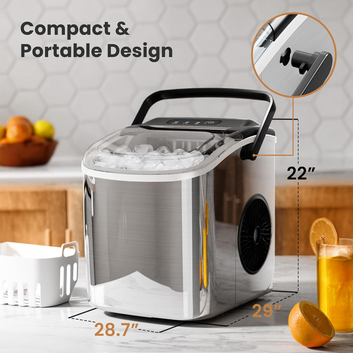 Máquina de Hielo Portátil, 26lbs/24Hrs, Limpieza Automática