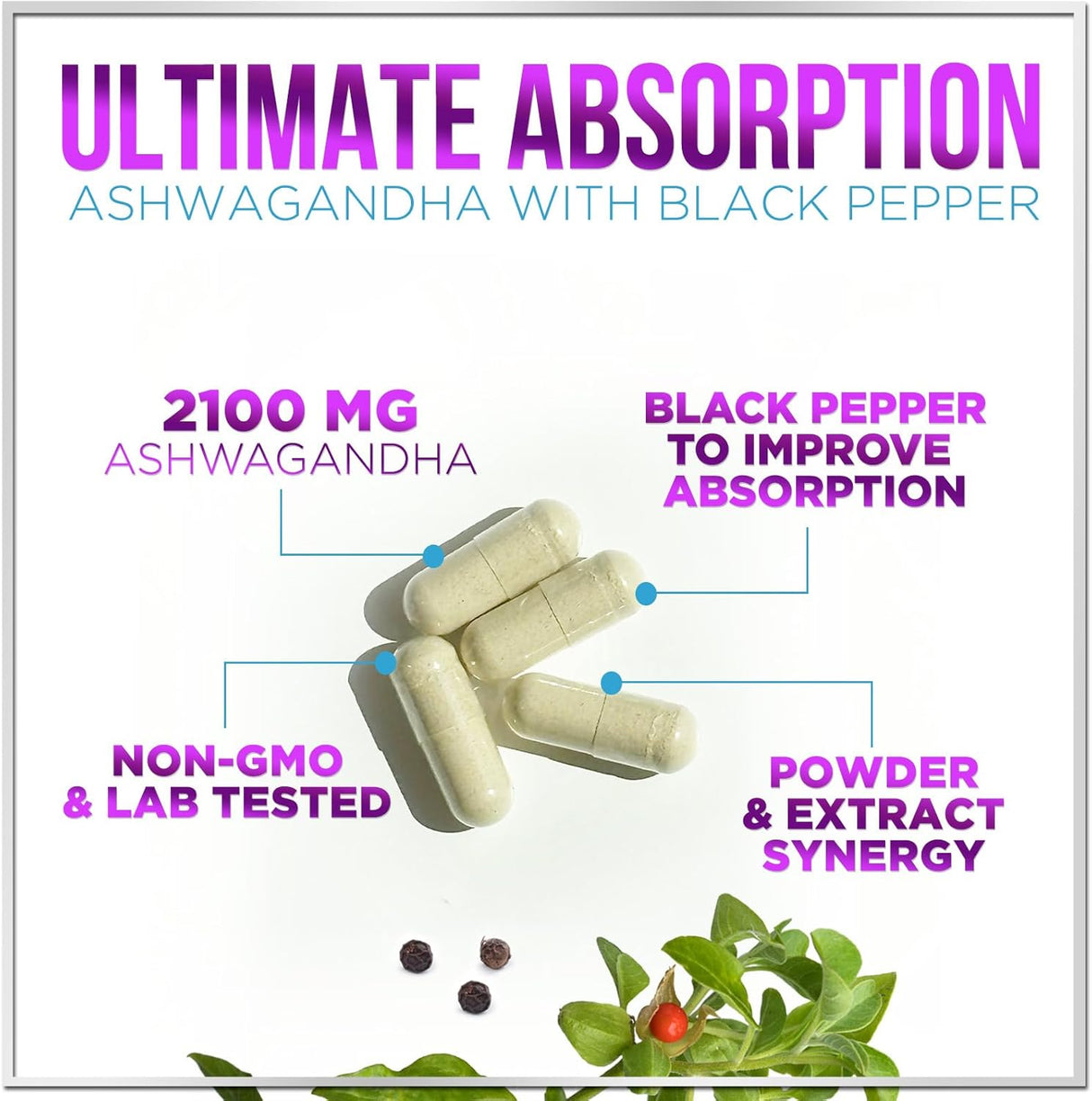 Suplementos de Ashwagandha - 2100 mg, Antioxidante, 60 cápsulas