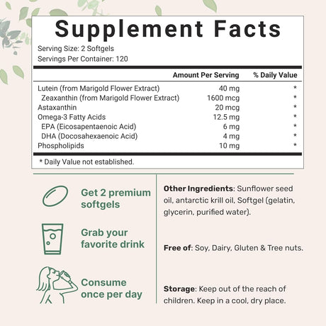 Micro Ingredients Cápsulas blandas de luteína y zeaxantina de 40 mg, 240 unidades, con astaxantina, omega-3 y fosfolípidos, vitaminas para la salud de los ojos y la visión, probadas por terceros, sin OMG, sin gluten