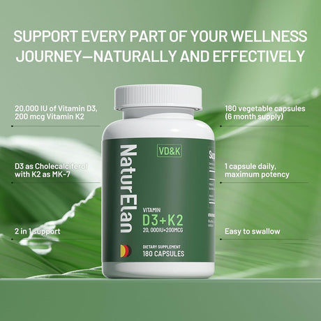 Suplemento Vitamina D3 K2 200mcg 180caps, Vegano, Sin GMO
