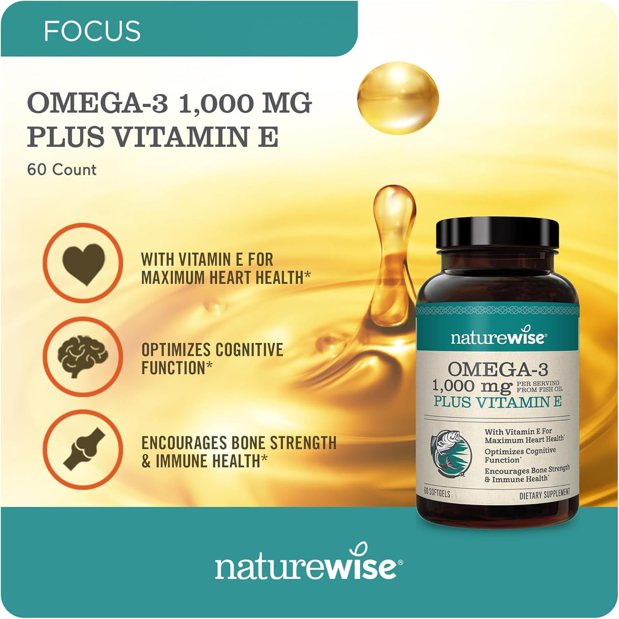 Suplemento Omega 3 NatureWise 1000mg, 60 Cápsulas, EPA/DHA