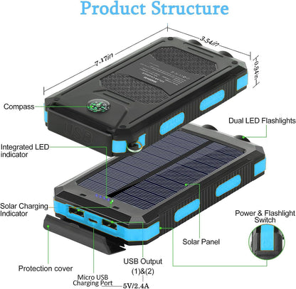 Banco Solar Portátil 38800mAh Cargador Dual USB Impermeable