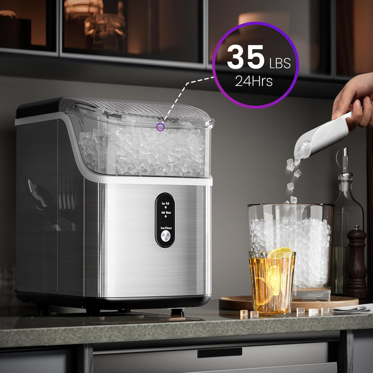 Máquina de Hielo Nugget, 35Lbs/24H, Auto-Limpieza, Portátil