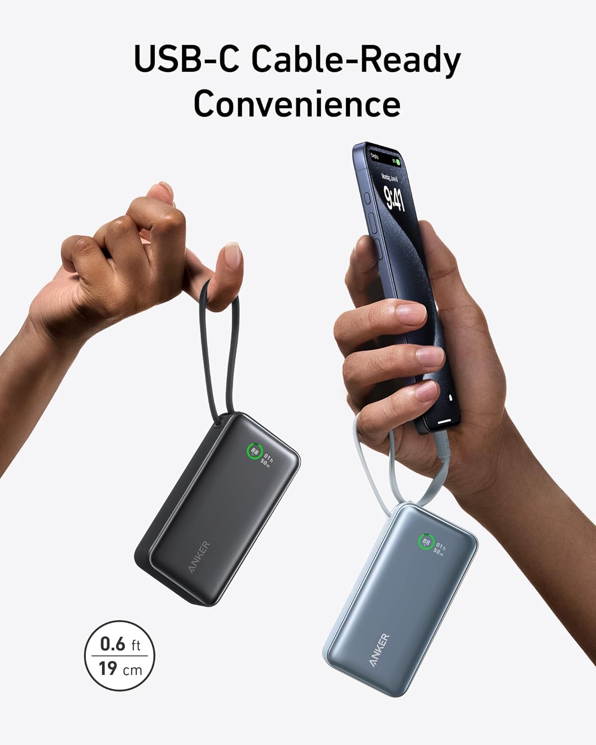 Cargador portátil de 10K con cable USB-C integrado PD 30