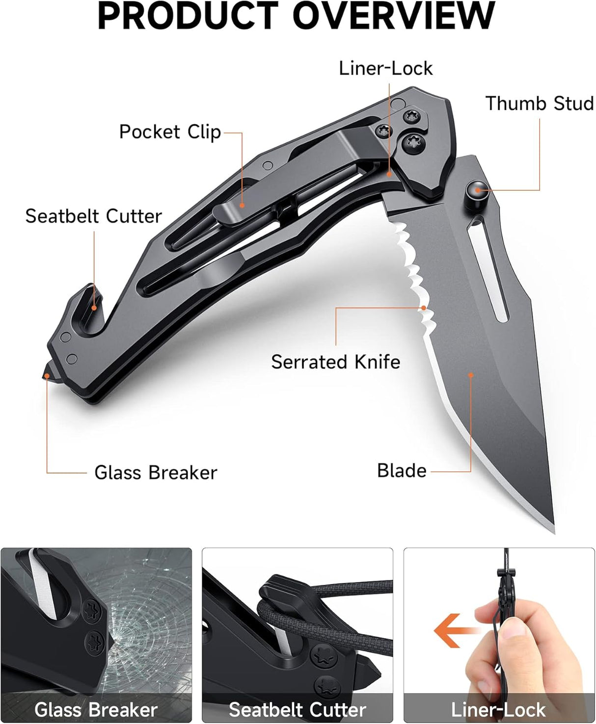 Cuchillo plegable con clip, EDC para senderismo, color negro