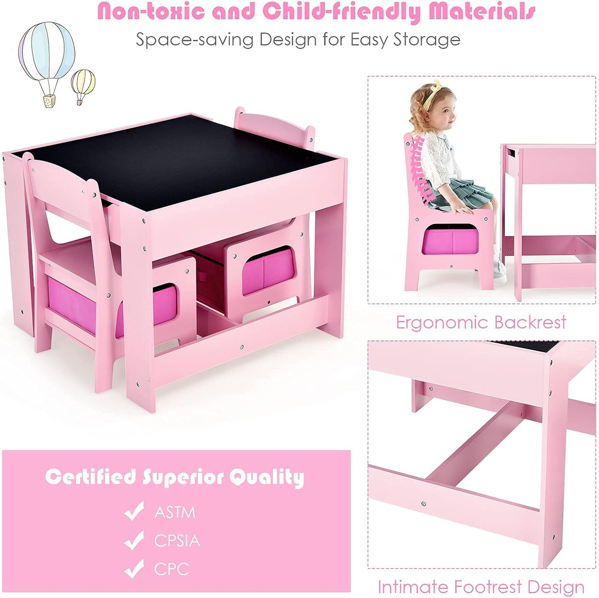 Mmesa y silla para niños de madera 3 en 1 con cajón rosa