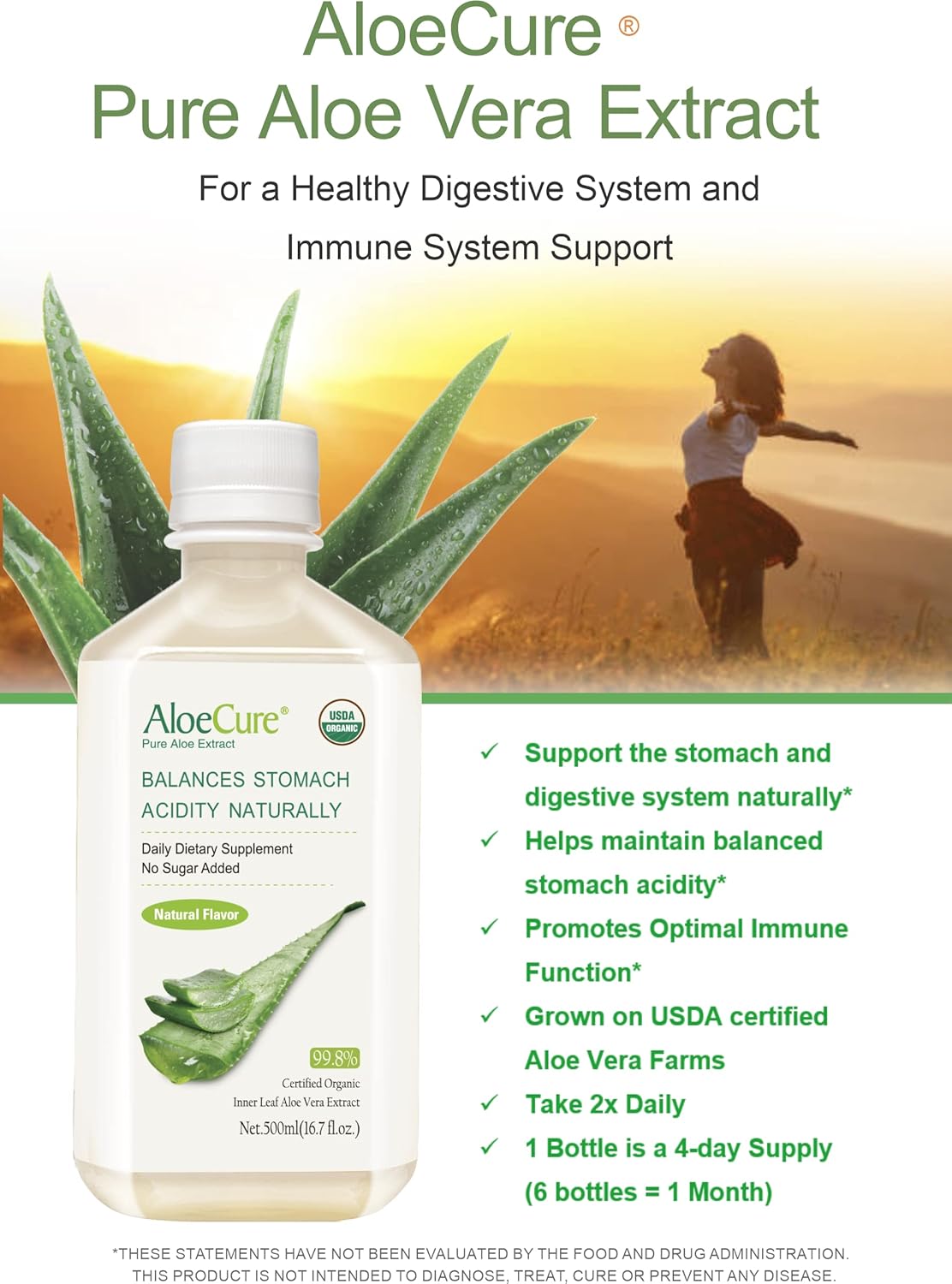 Suplemento Jugo puro de aloe vera certificado USDA 16.9fl