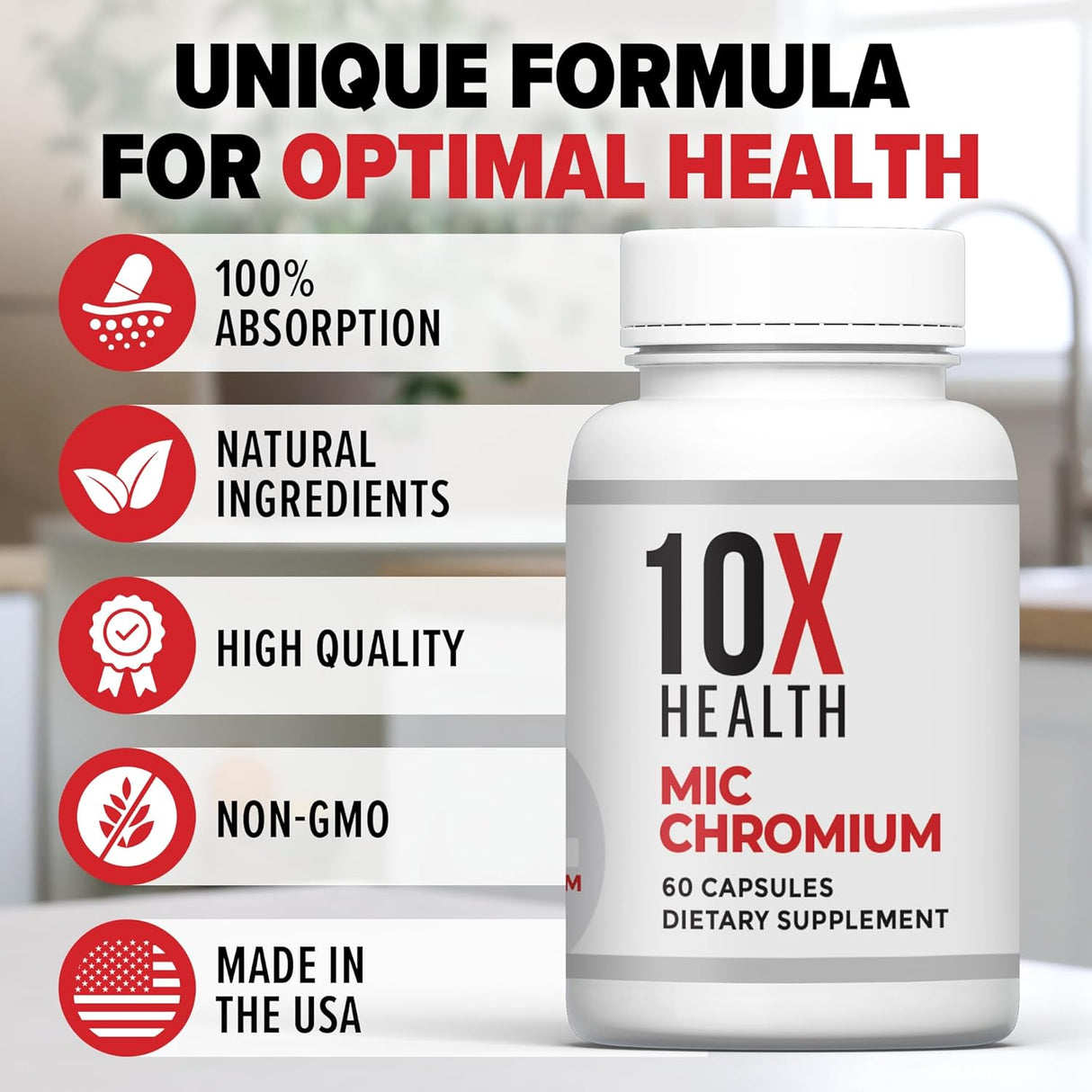 Suplemento de Cromo 10X Health MIC con Colina, Inositol y L Metionina - 60 Cápsulas