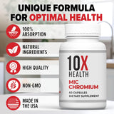Suplemento de Cromo 10X Health MIC con Colina, Inositol y L Metionina - 60 Cápsulas