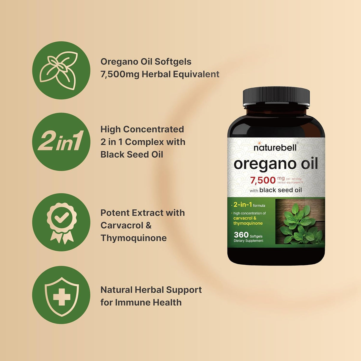 Suplemento Aceite de orégano de semilla negra 7,500 mg 360u