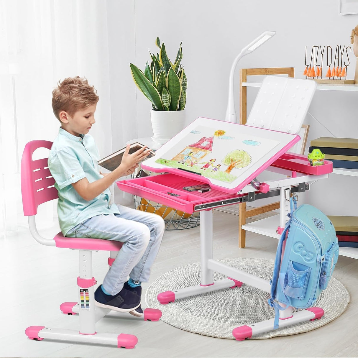 Escritorio y Silla Infantil Ajustables con Luz LED y Cajón
