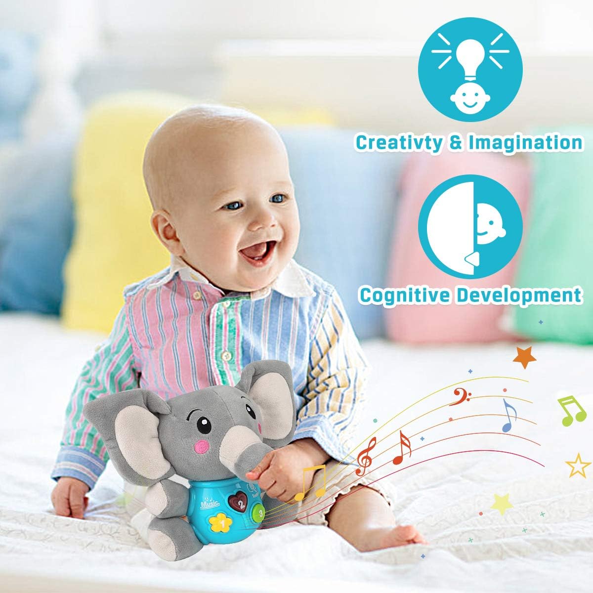 Elefante de peluche Aitbay, juguete musical para bebés 0-36 meses