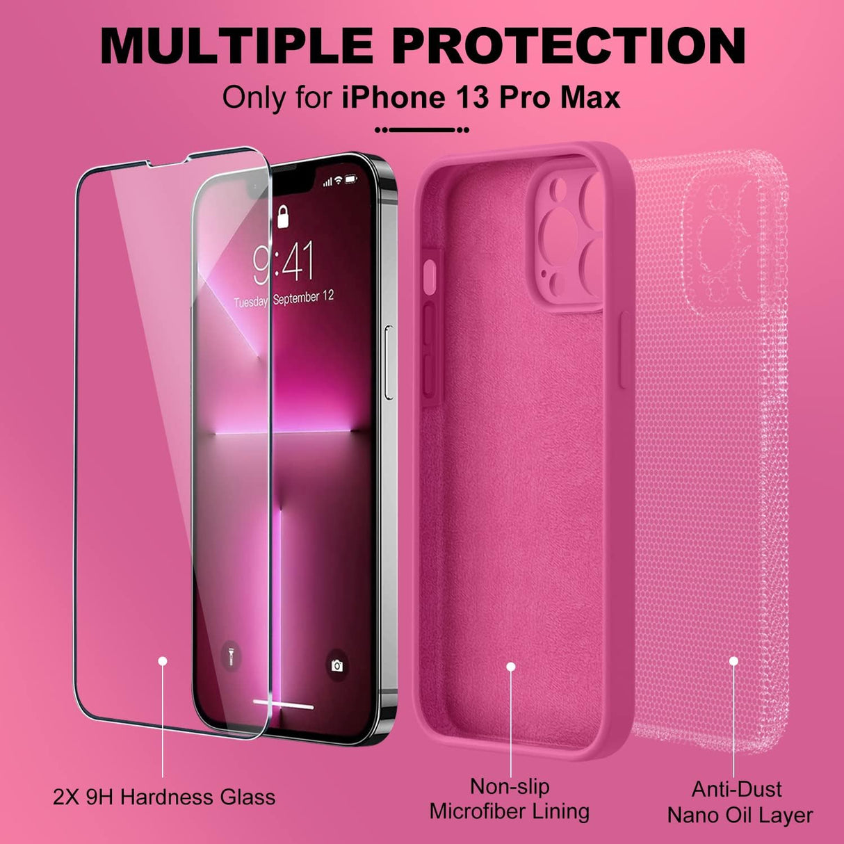 BossKiss Funda compatible con iPhone 13 Pro Max, funda de silicona líquida de alta calidad [tacto aterciopelado] [2 protectores de pantalla de vidrio templado 9H], funda de kit de protección completa a prueba de golpes, Pitaya