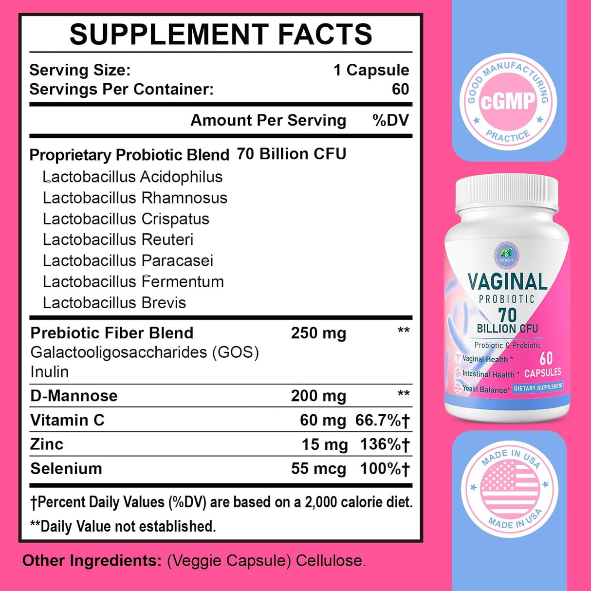 Probiótico vaginal mujer, 70B CFUs, equilibrio pH, prebiotico, D-Mannosa, 60 caps
