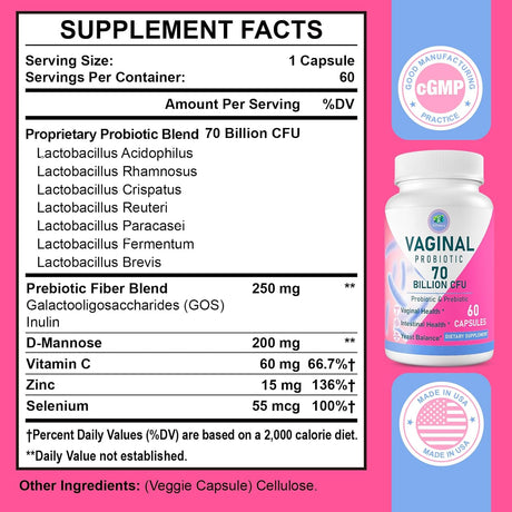 Probiótico vaginal mujer, 70B CFUs, equilibrio pH, prebiotico, D-Mannosa, 60 caps