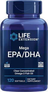 Mega EPA/DHA de Life Extension, Omega-3, Salud Cardiaca y Cerebral, 120 softgels
