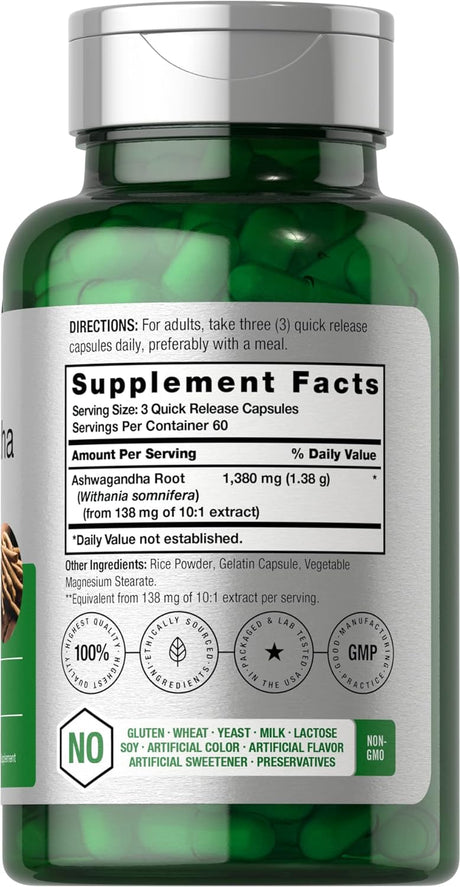 Suplemento de Raíz de Ashwagandha Horbaach 1380mg, 180 Cápsulas