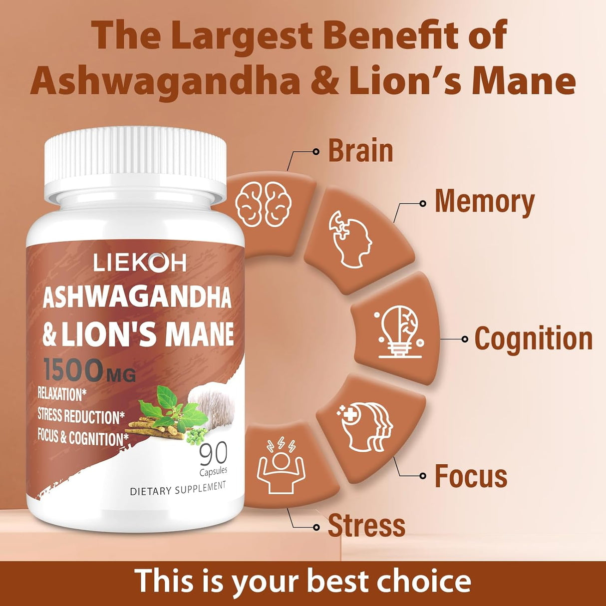 Cápsulas de Ashwagandha y Lion's Mane, Suplemento Cerebral, 90 Caps