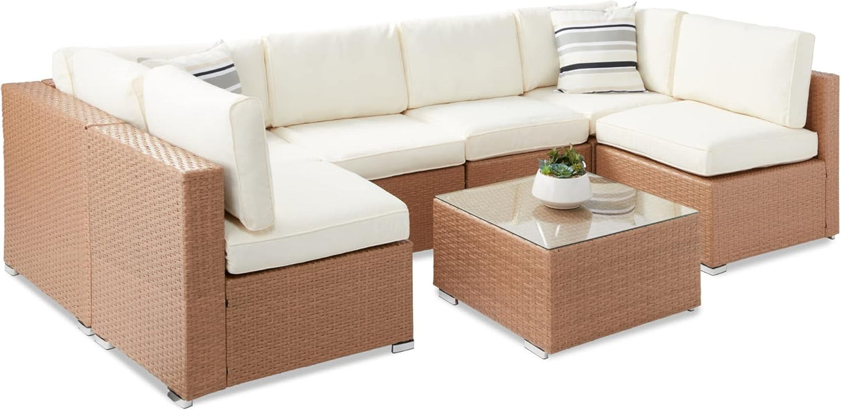 Best Choice Products Juego de sofá modular de mimbre modular de 7 piezas para exteriores con 6 sillas, 2 almohadas, clips de asiento, mesa auxiliar, funda incluida, natural/marfil