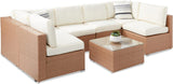 Best Choice Products Juego de sofá modular de mimbre modular de 7 piezas para exteriores con 6 sillas, 2 almohadas, clips de asiento, mesa auxiliar, funda incluida, natural/marfil