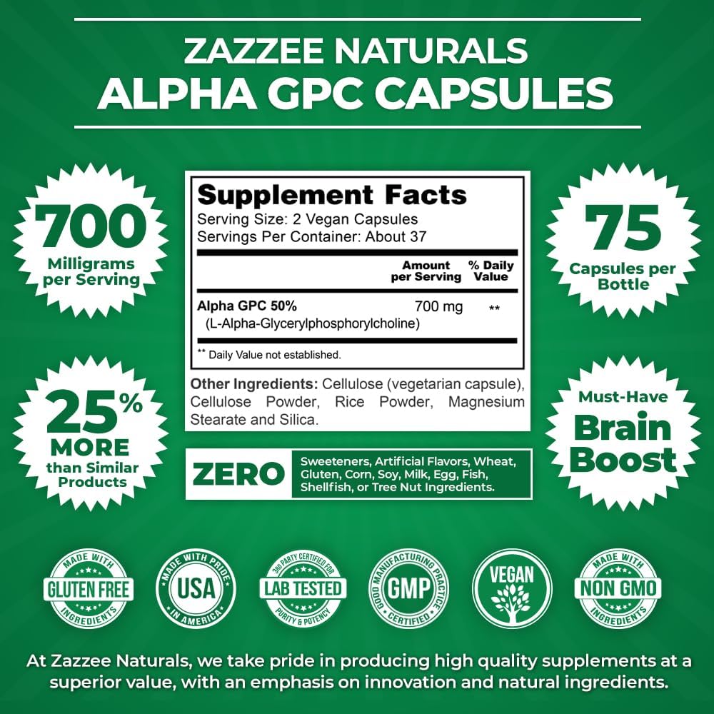 Alpha GPC Choline 700mg, 100% Puro, Vegano, Grado Farmacéutico
