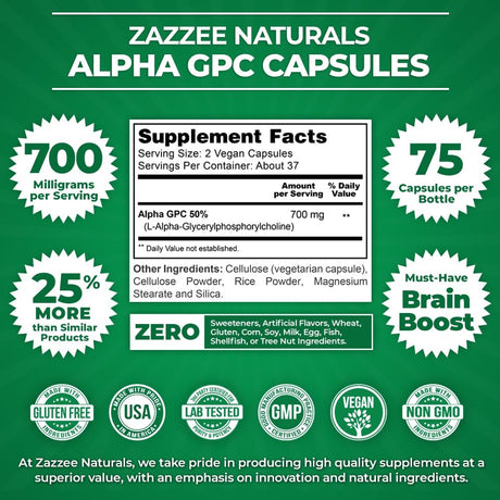 Alpha GPC Choline 700mg, 100% Puro, Vegano, Grado Farmacéutico