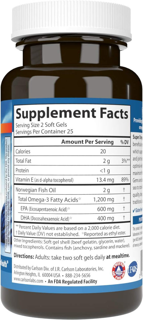 Carlson - Omega-3 Super Gems, 1200 mg, Pescado Salvaje, 50 cápsulas