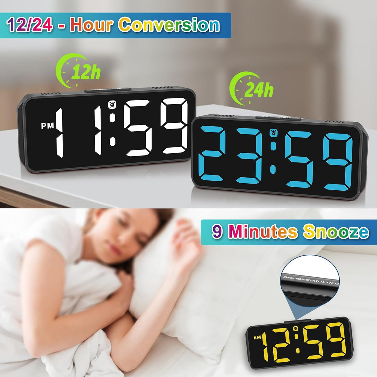 Reloj despertador digital pequeño, pantalla RGB, modelo plug-in