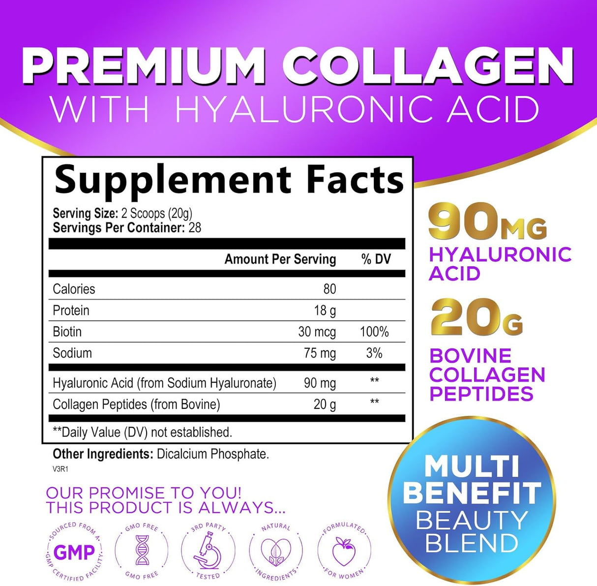 Polvo de péptidos de colágeno con ácido hialurónico y biotina