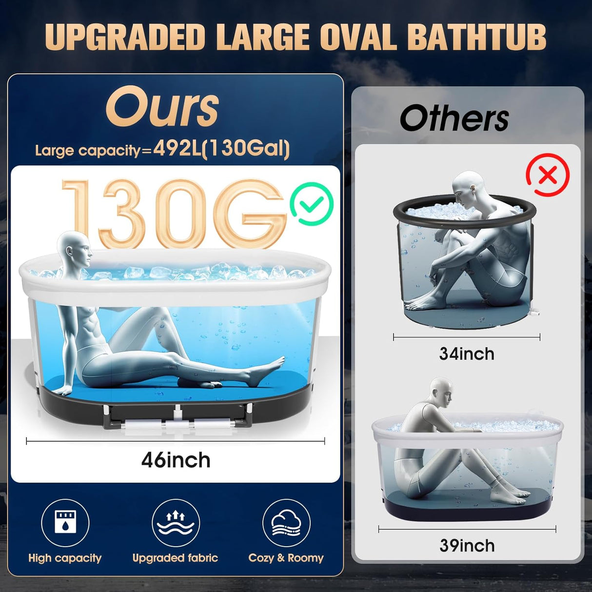 Bañera de Hielo XL 130 Gal, portátil, ovalada, modelo 2025