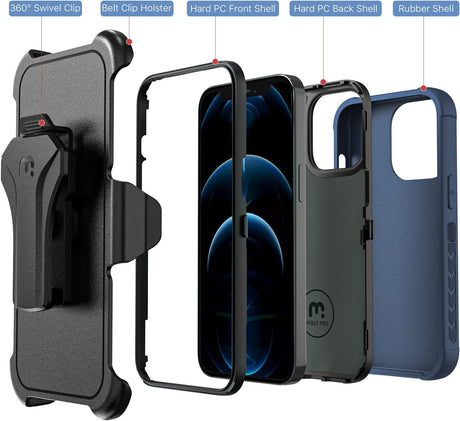 MYBAT Pro - Funda a prueba de golpes para iPhone 12 / 12 Pro de 6.1 pulgadas con funda de clip para cinturón y película de vidrio templado, resistente funda protectora de grado militar con soporte giratorio de 360°, color azul