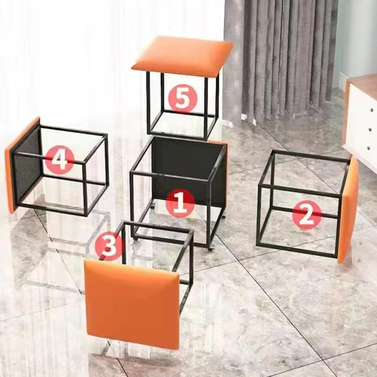 Otomanas Apilables 5 en 1 con Ruedas y Asiento Giratorio
