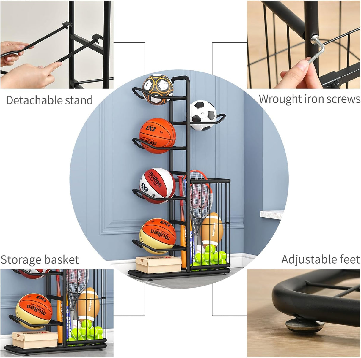 Estante ajustable para pelotas deportivas Organizador