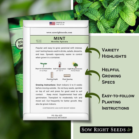 Semillas de Menta - Sow Right Seeds - No GMO, Herencia, 1 paquete