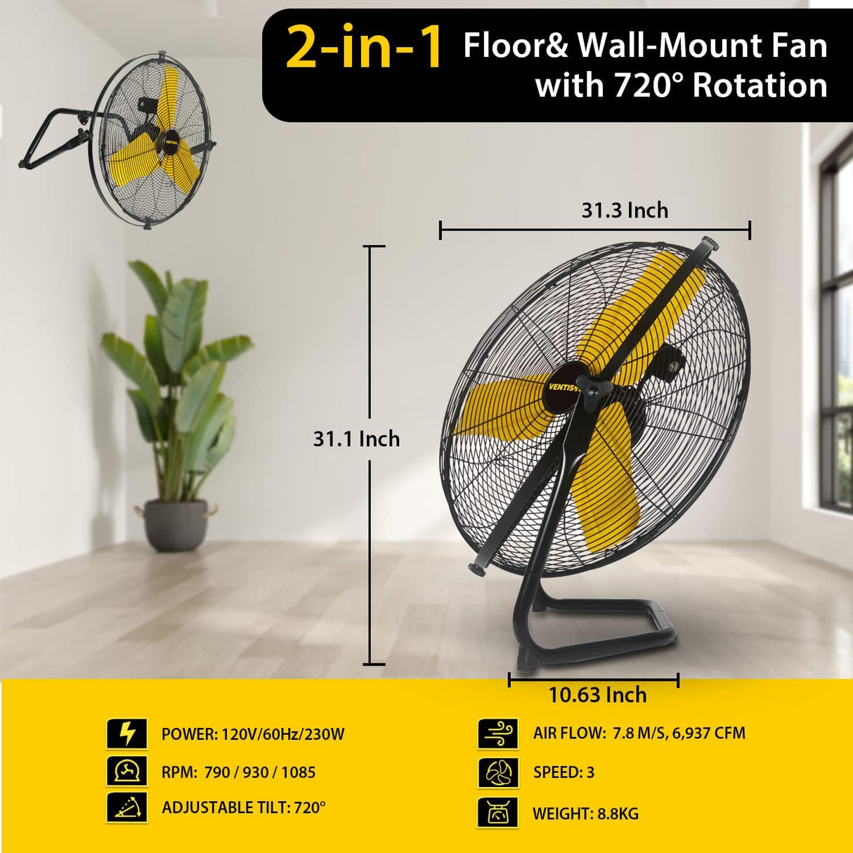 Ventilador Industrial VENTISOL 24, 720° Inclinación, 3 Velocidades