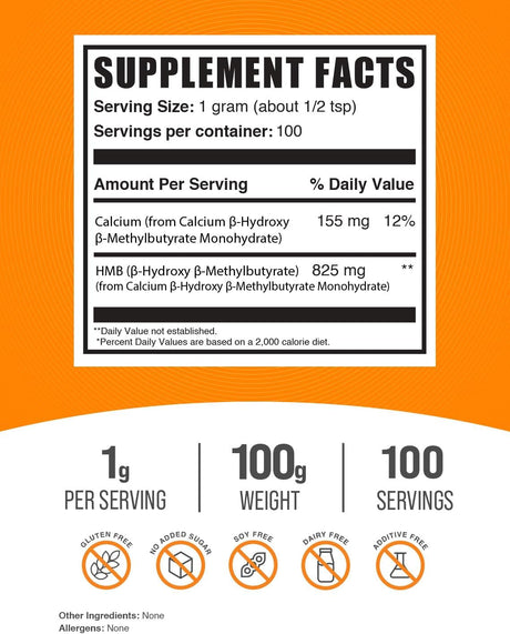 HMB en polvo BulkSupplements, 1000mg, 100g (Calcio HMB)