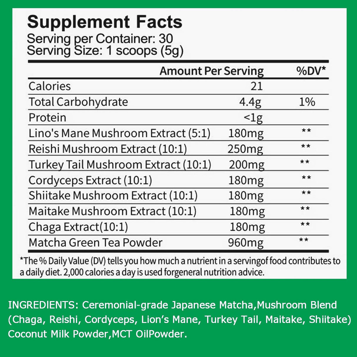 Matcha de Hongos, Ceremonial, 7 Superfoods, 150g, 30 Servings