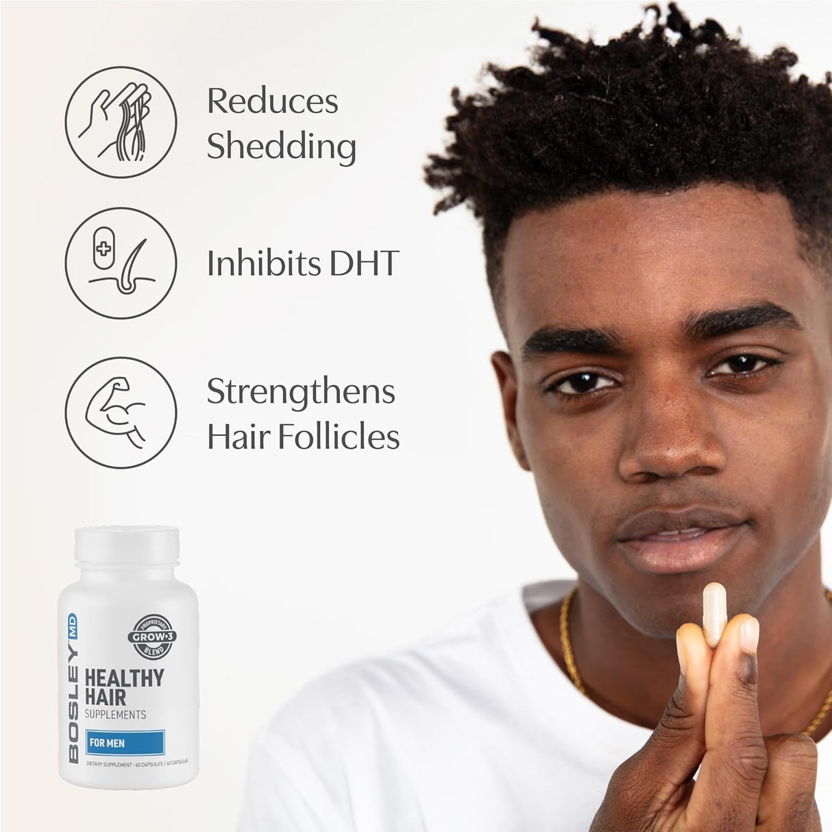 BosleyMD Suplementos saludables para el crecimiento del cabello con bloqueadores DHT para mujeres y hombres para un cabello más grueso, más lleno y más fuerte, suministro de 1 a 2 meses