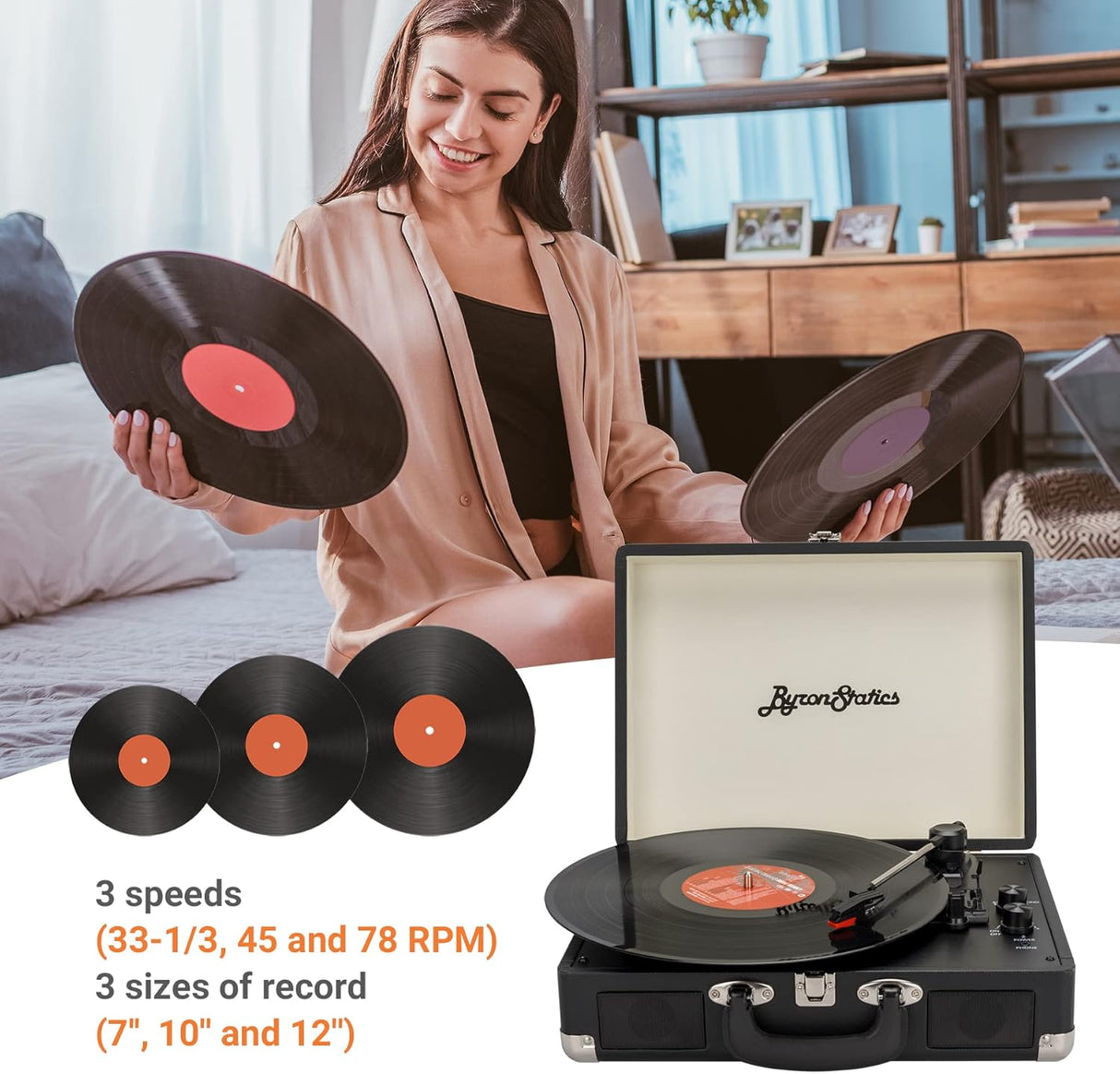 Reproductor de Vinilo Bluetooth 3 Velocidades ByronStatics, Portátil